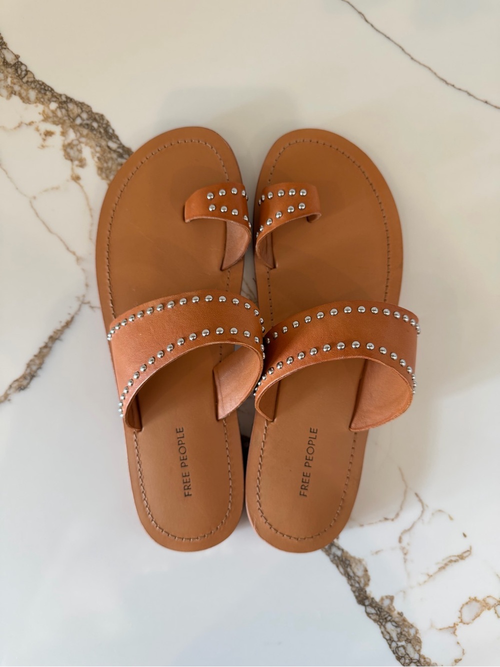 Free People Tan Studded Leather Slide Sandals NWT
